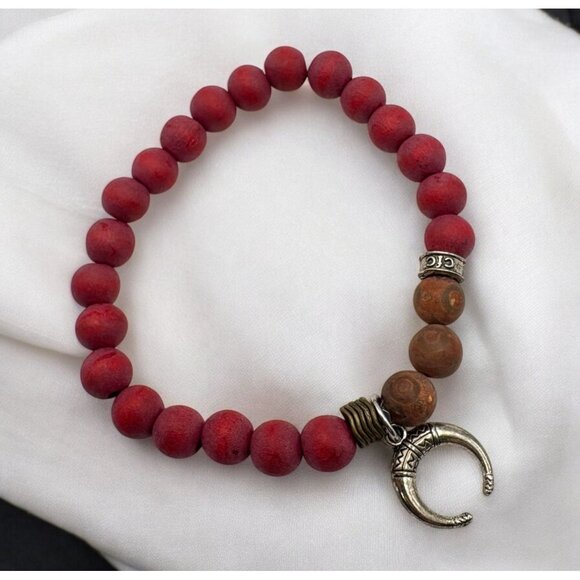 Red Wooden Beaded Bracelet with Celtic Double Horn Charm CFC Silver Tone Boho - Picture 1 of 7